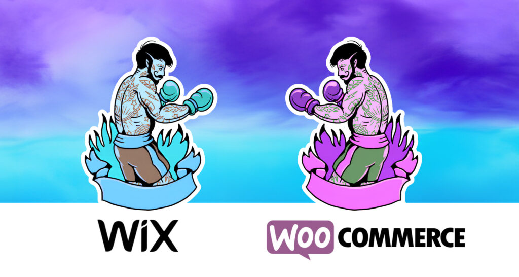 Two boxers about to battle. Left boxer is blue in color to represent Wix. Right boxer is purple in color to represent WooCommerce. Logos of each are below.