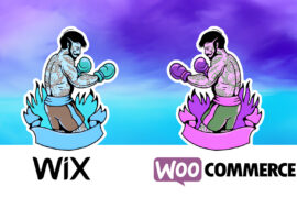 Two boxers about to battle. Left boxer is blue in color to represent Wix. Right boxer is purple in color to represent WooCommerce. Logos of each are below.