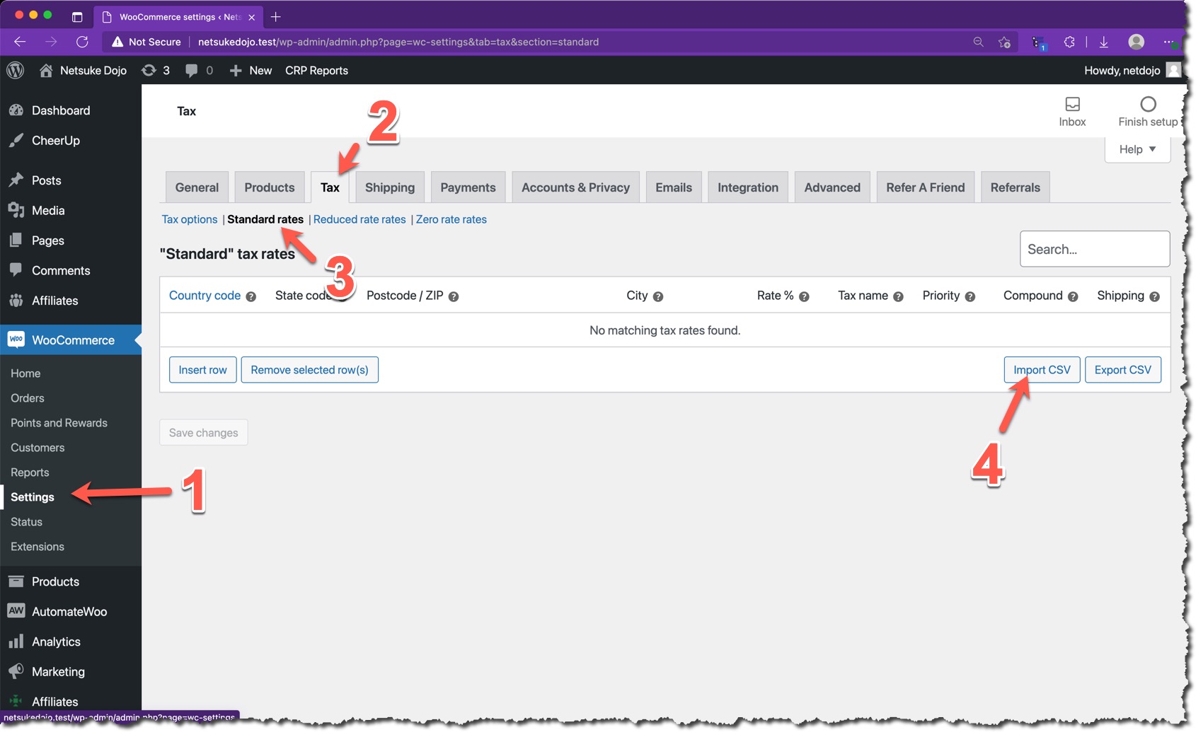 Screenshot showing the steps required to import tax rates with a CSV in WooCommerce